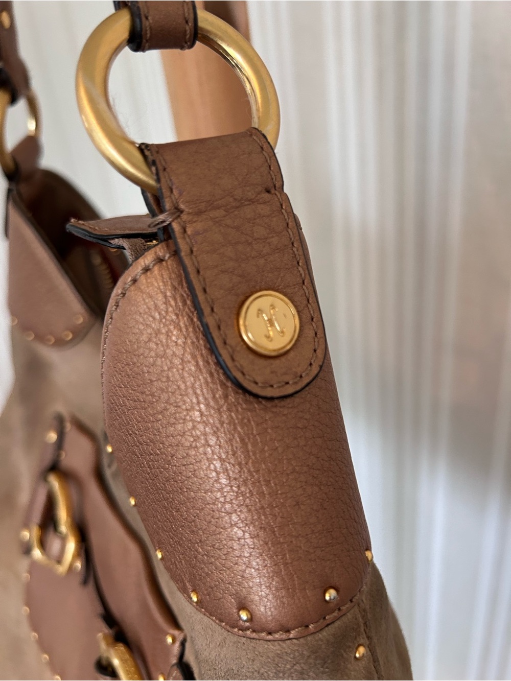 COLE HAAN STEPHANIE SUEDE bronze studded leather horsebit hobo equastrian bag - Picture 11 of 11